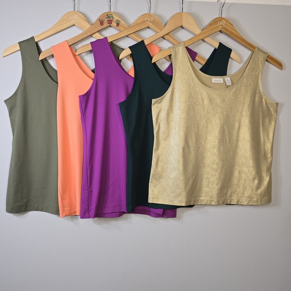 Chicos Lot of 5 Tank Tops Size 2 L Stretch Sleeveless Purple Green Gold Orange